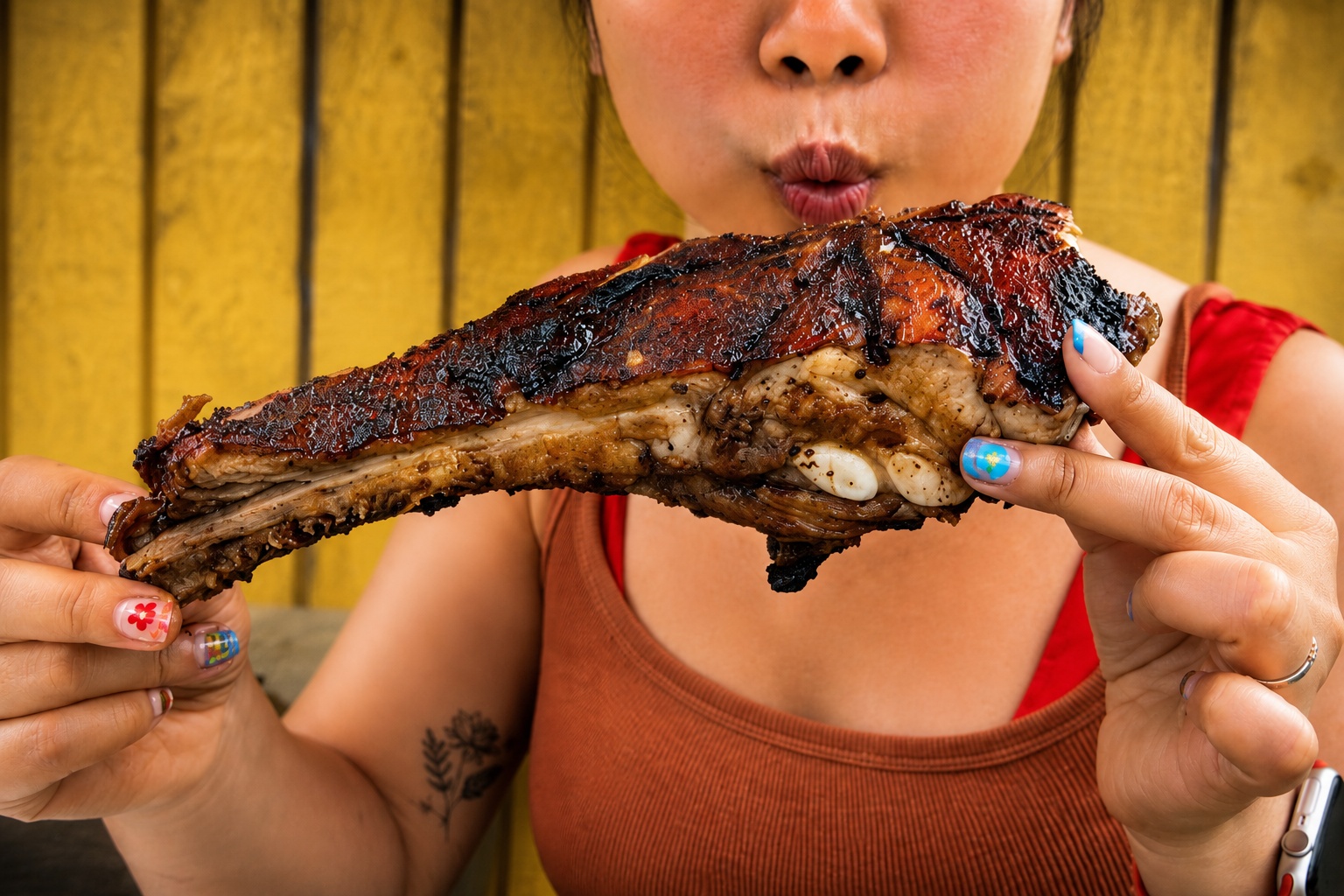 Customer Enjoying Hana Hawaiian BBQ Ribs